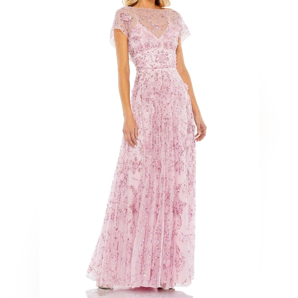 Mac Duggal Dresses & Skirts - MacDuggal Sheer Embroidered Sequin Embellished Cap Sleeves Dress In Pink Size 18